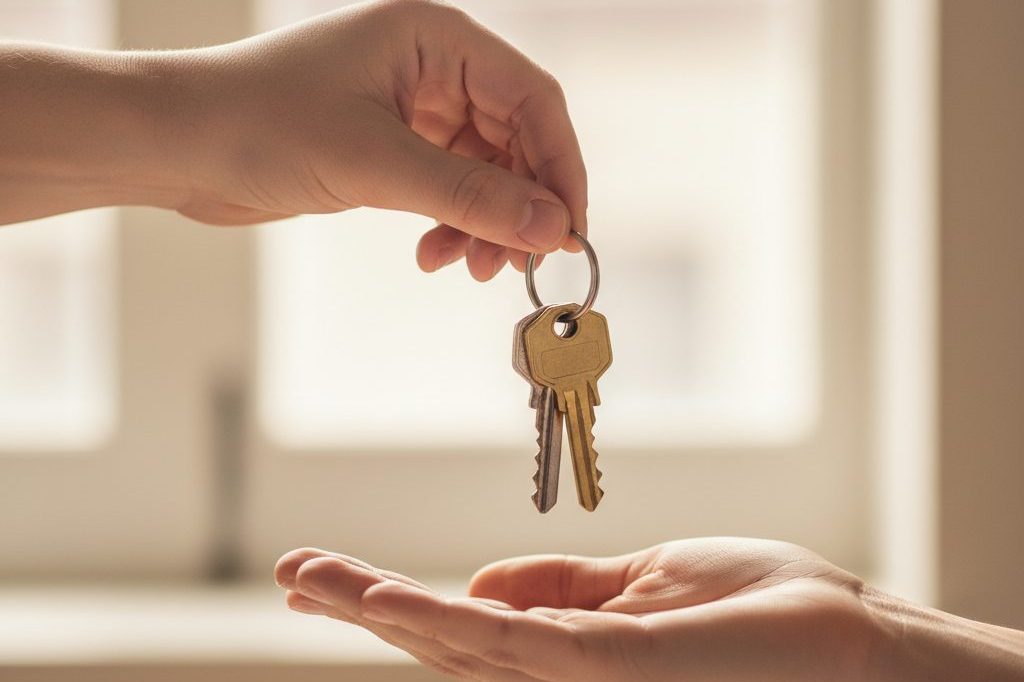 Hand passing house keys to an open palm as a fresh-start metaphor