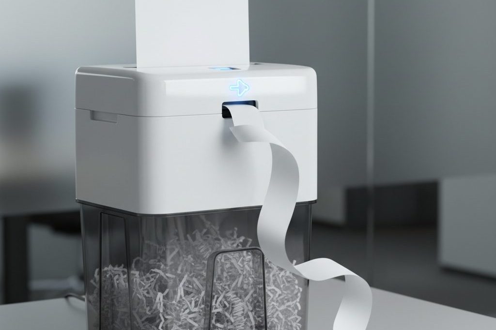 Paper shredder processing a blank document as a metaphor for automatic record clearing