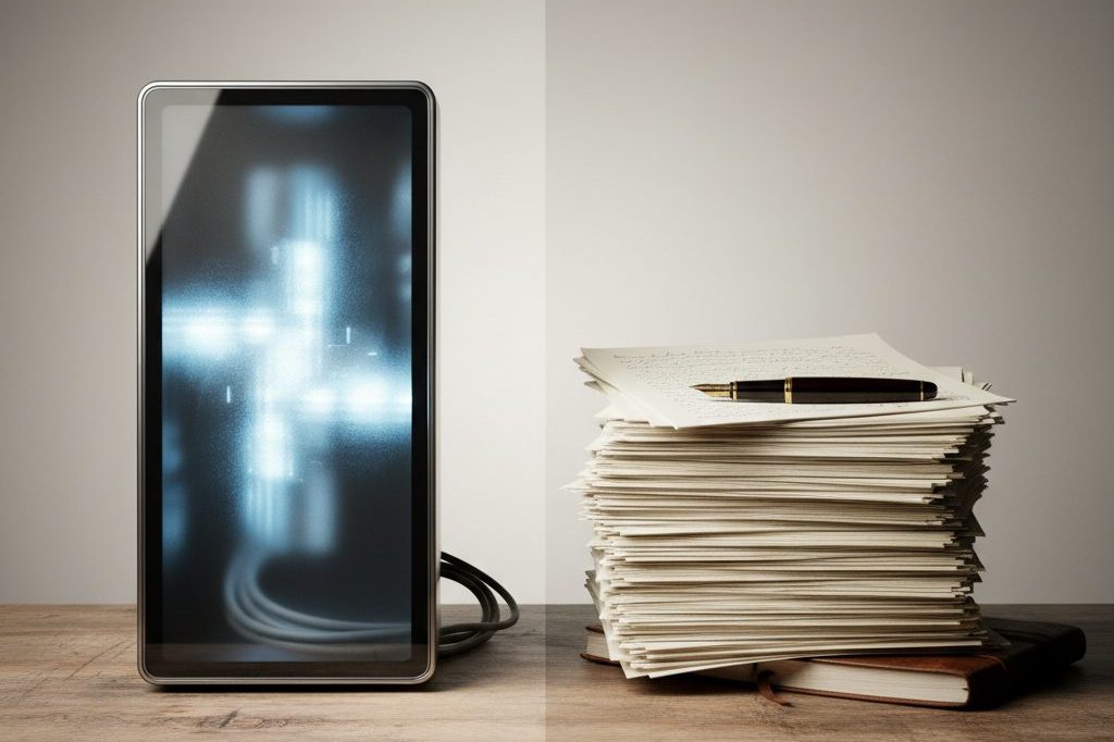 Conceptual split image of automated processing versus manual paperwork