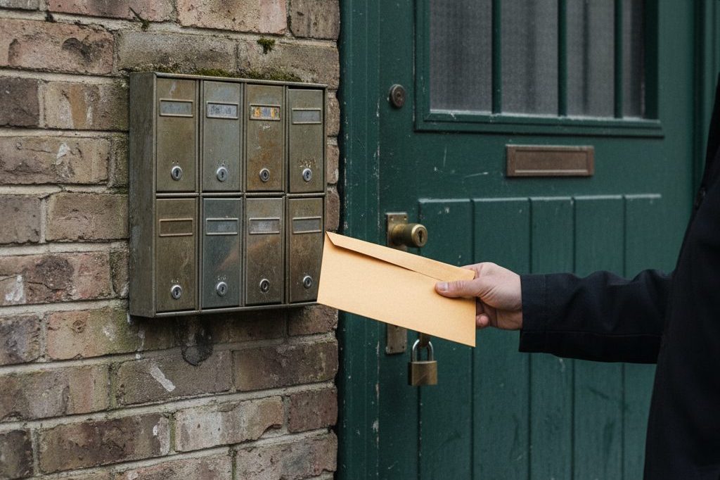 Apartment entrance and mailboxes suggesting housing and job barriers from a record