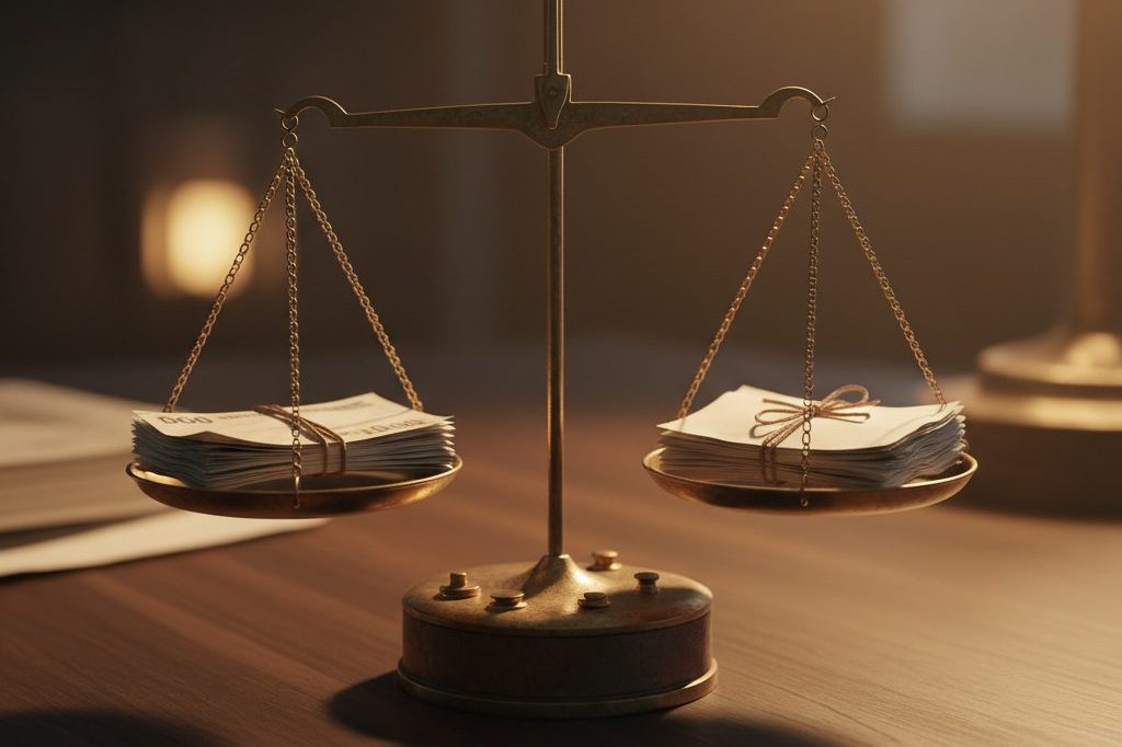 Brass balance scale weighing money against paperwork