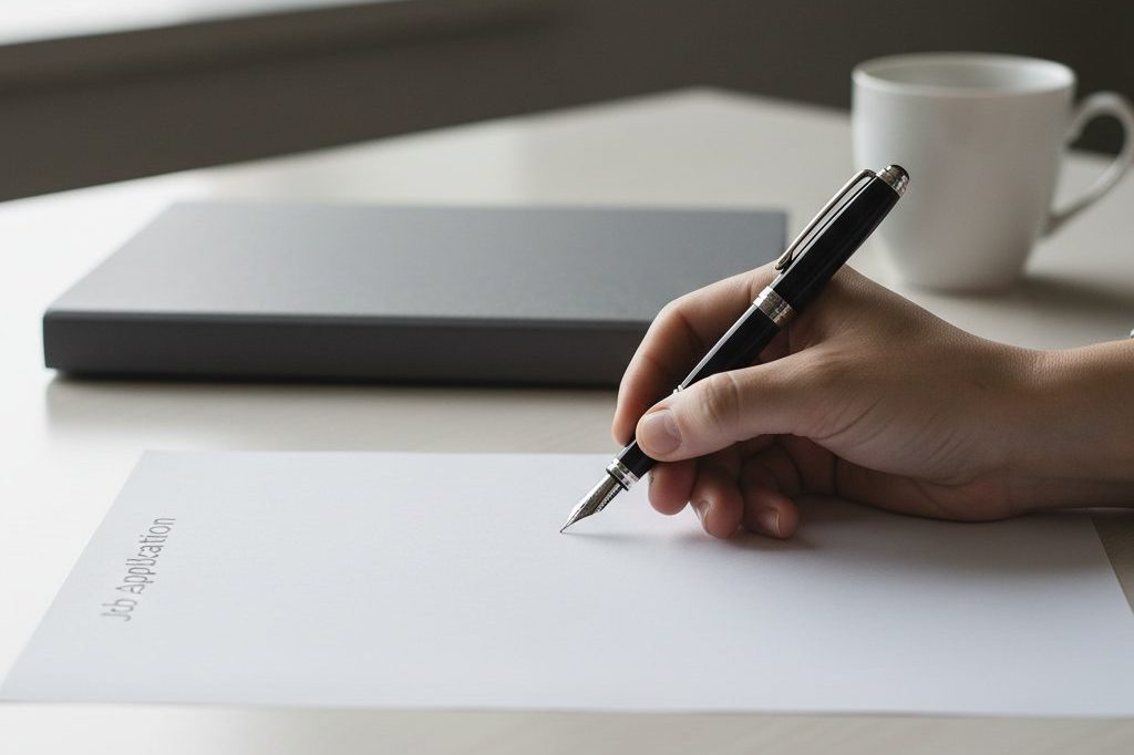 Hand with fountain pen about to sign a blank application form on a desk