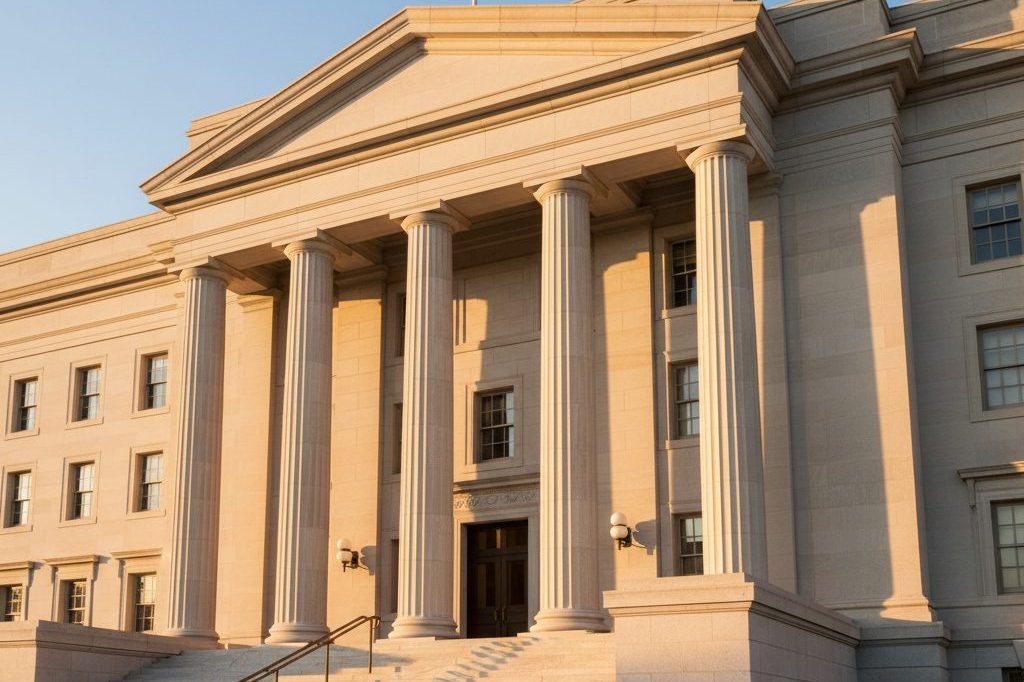 Federal courthouse facade with columns in late afternoon light