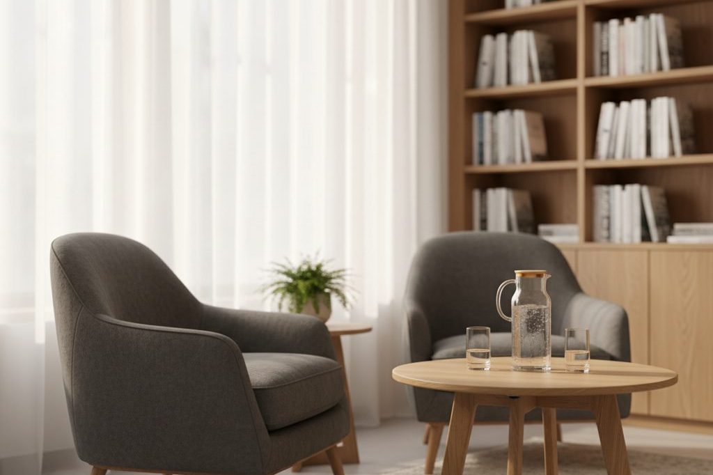 Two empty chairs angled toward each other in a softly lit legal aid consultation office