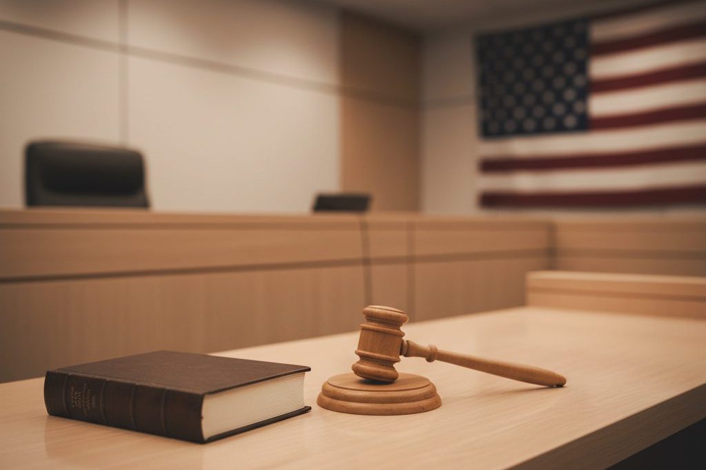 Closed casebook and gavel on a polished judge