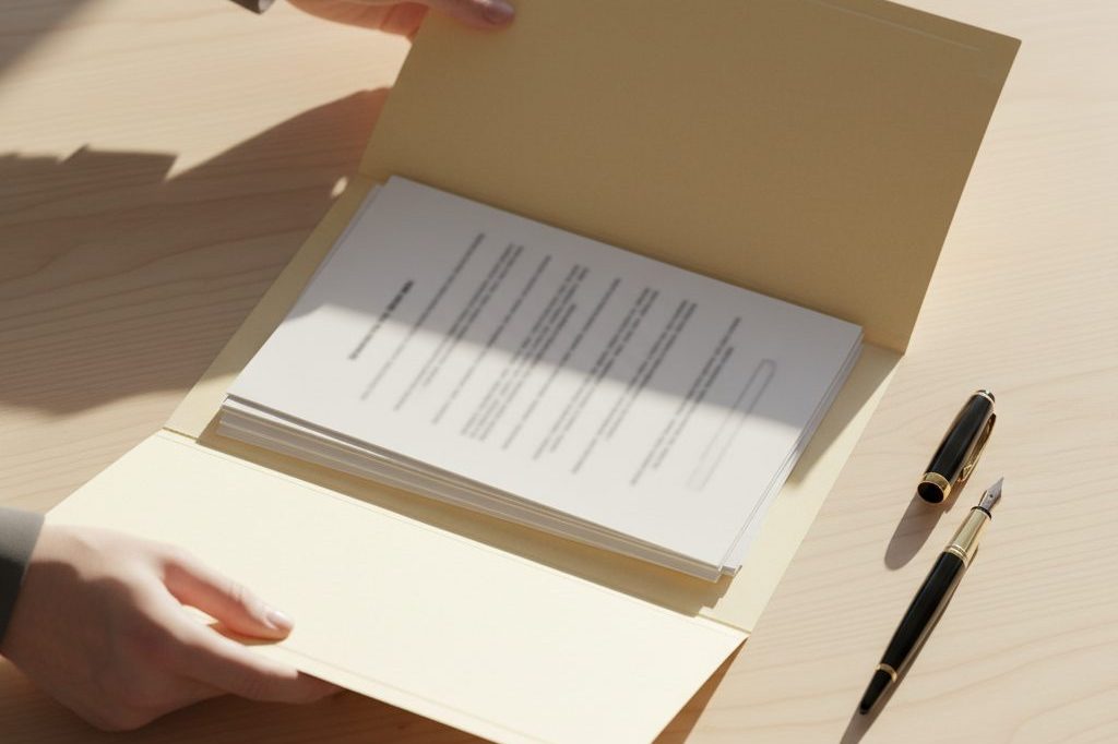 Hands reviewing papers inside an open manila folder at a desk
