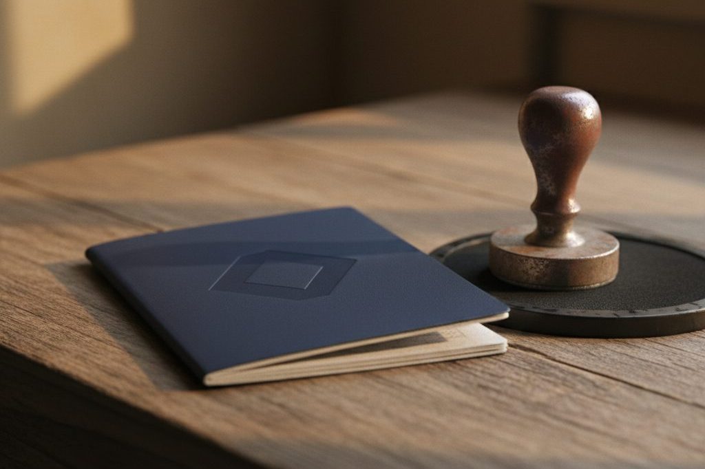 Generic dark passport booklet beside an ink stamp on a wooden counter