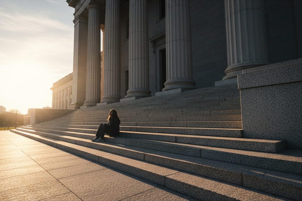 Silhouette of a person at the foot of courthouse steps in soft dawn light