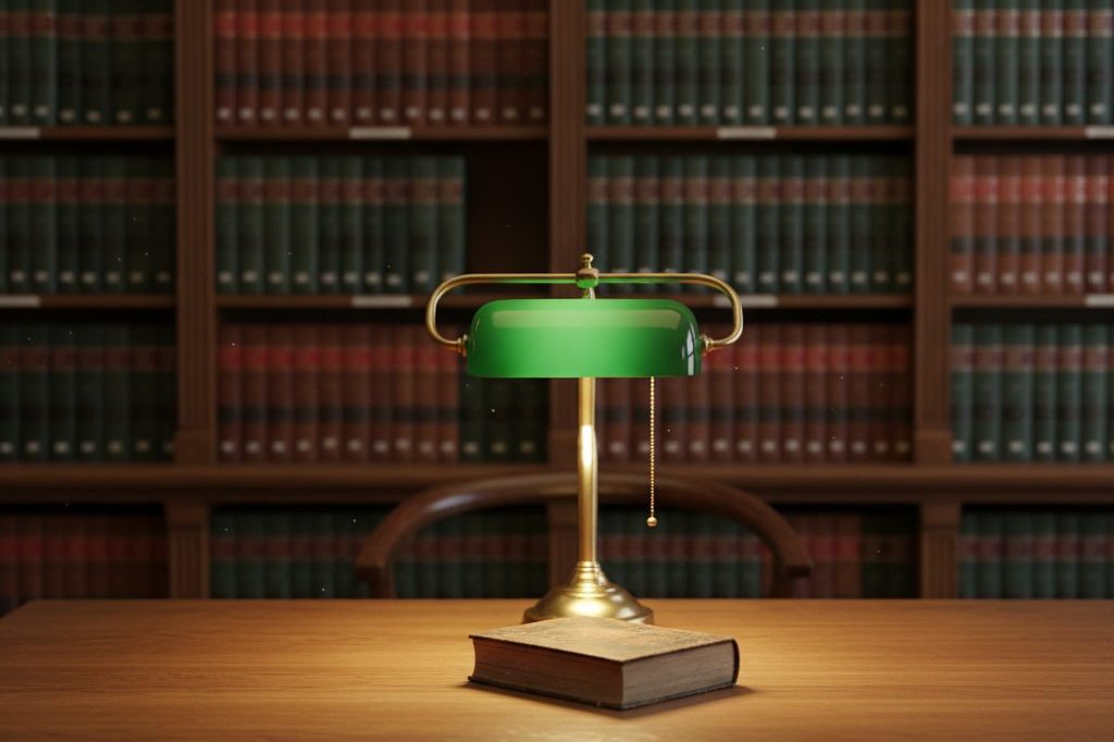 Warmly lit law library with leather-bound volumes and a brass banker