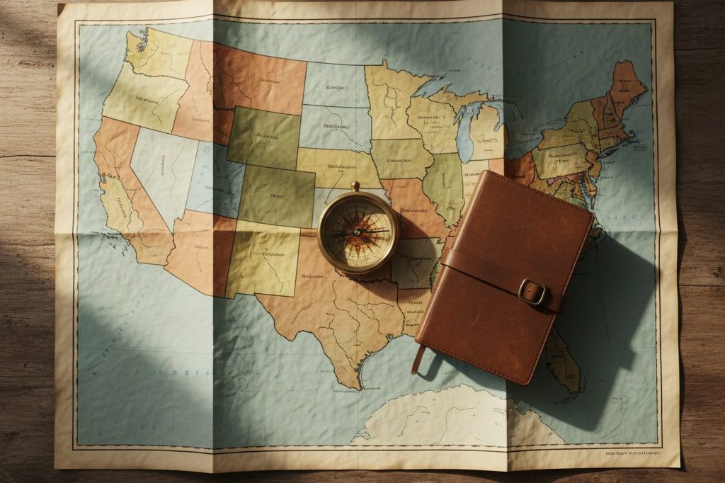 Folded US map flat-lay with compass and notebook representing a 50-state tracker