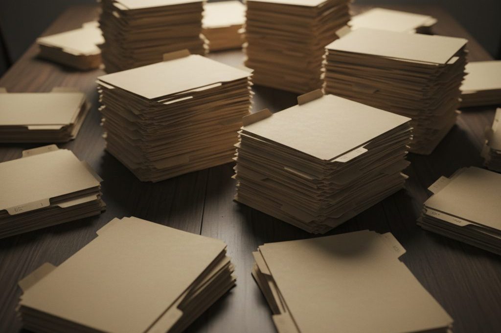 Large stack of manila case folders on a dark table representing decades of cannabis arrests
